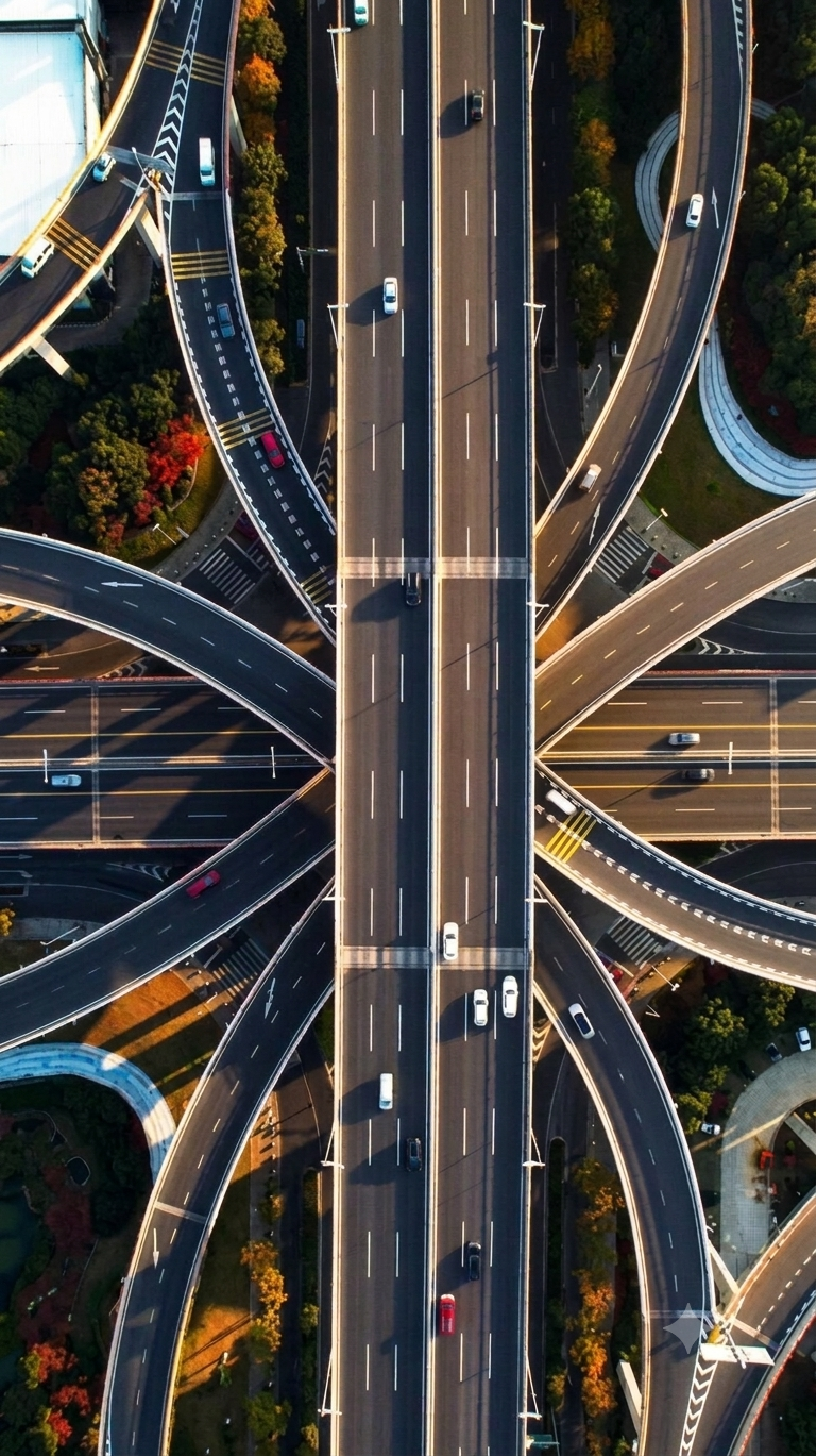 Aerial view of a multi-level highway interchange with traffic