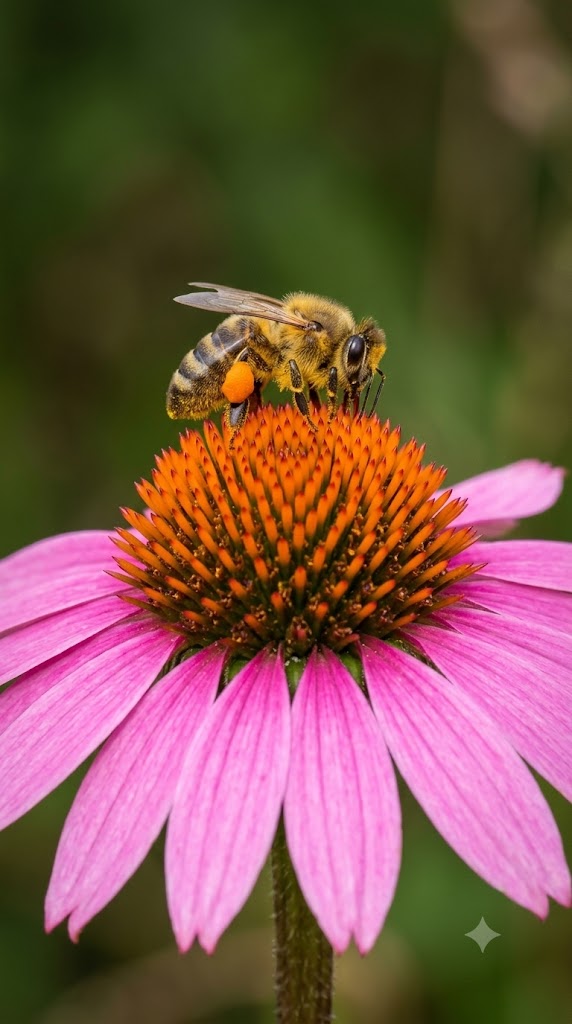 Bee gathering pollen on a pink coneflower