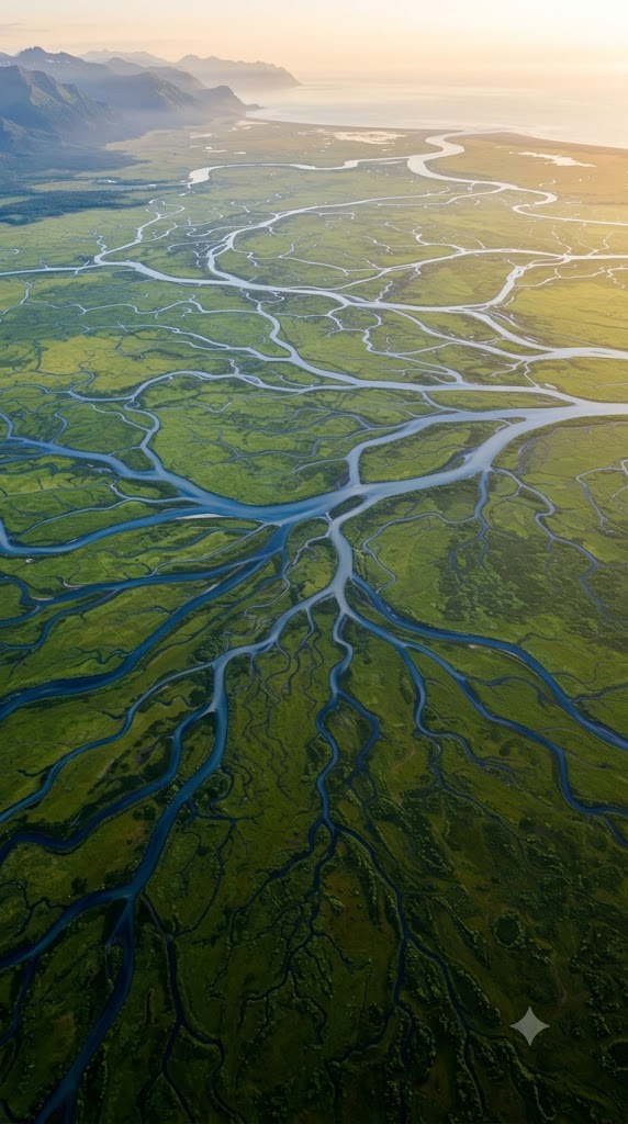 Aerial view of a branching river delta at sunrise